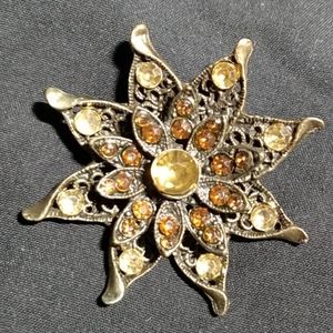 Bronze Tone Flower Brooch with Amber Rhinestones